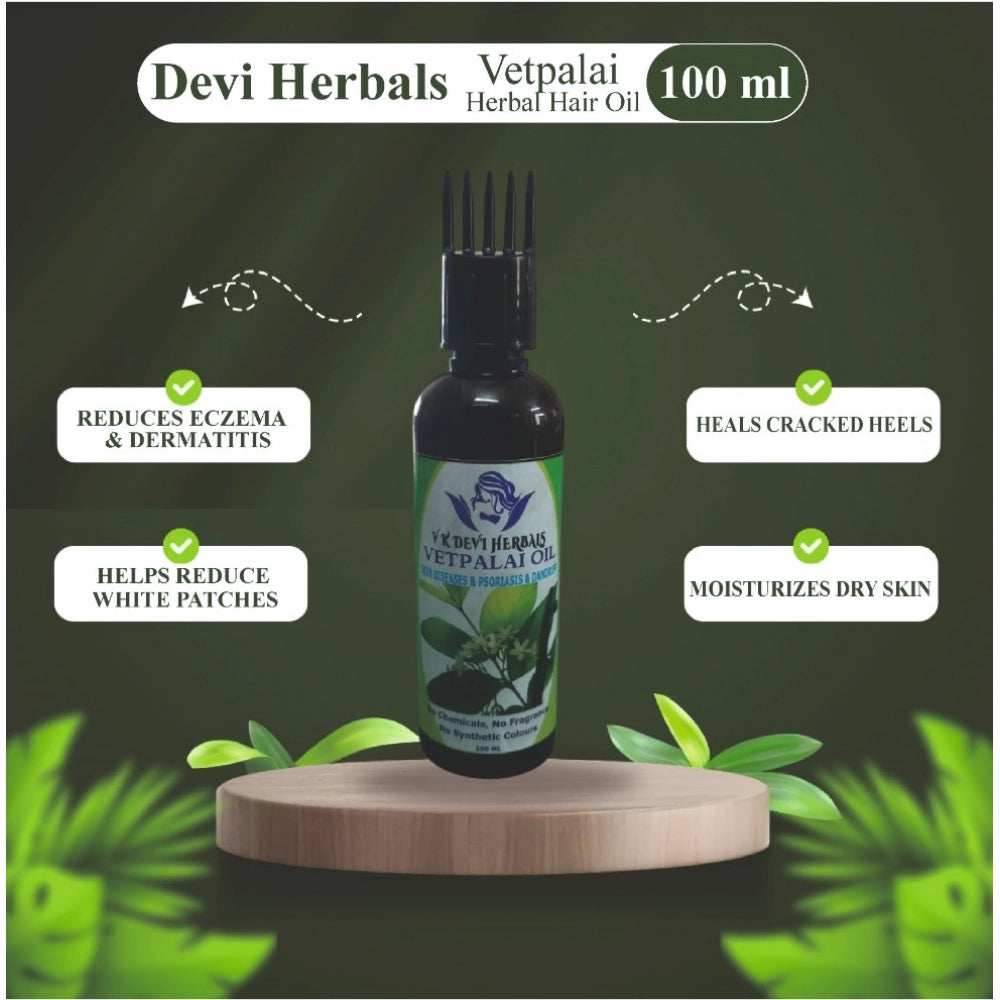 100 ml herbal hair oil bottle on wooden stand with green leaf accents.