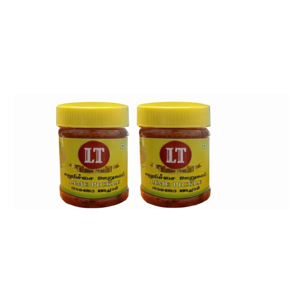 Pack of 2 red lemon pickle jars with yellow lids, LT labels