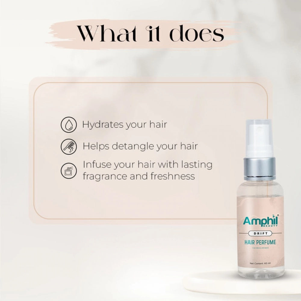 Amphi Drift unisex hair perfume mist spray bottle with labeled front and pump cap