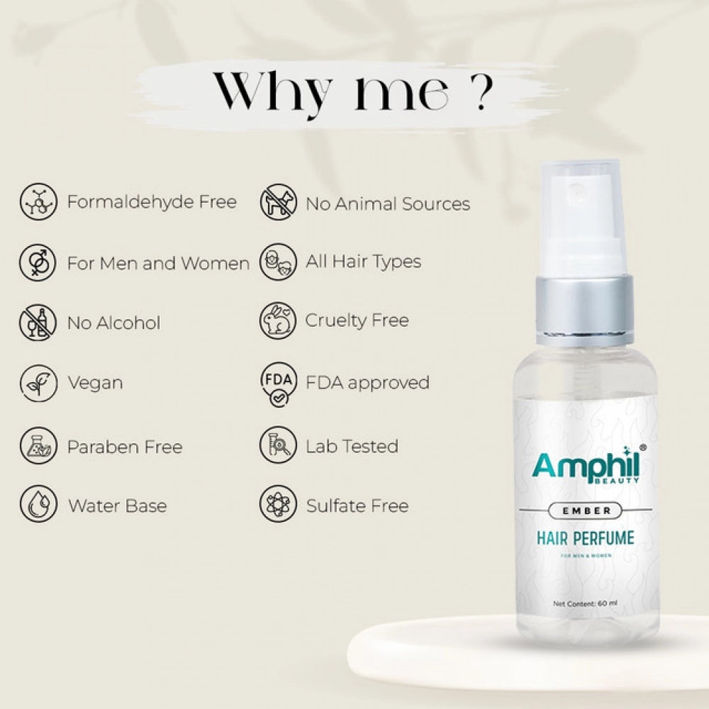 Amphil Ember hair perfume mist spray bottle with feature icons and logo