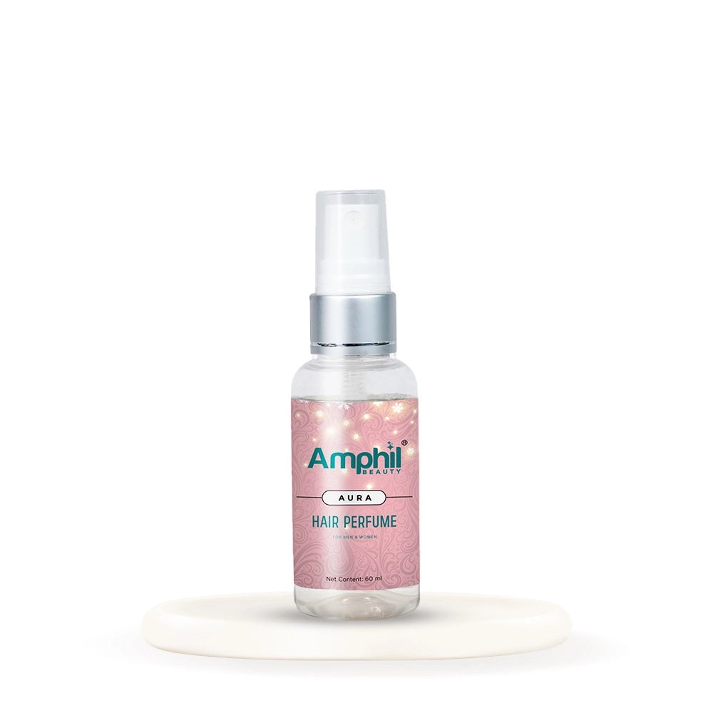 Hair perfume mist spray bottle with pink Aura label and silver pump cap