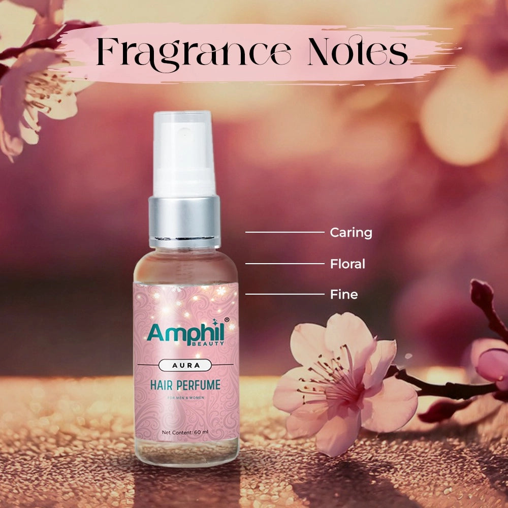 Hair perfume mist spray bottle with Amphi Aura label and clear spray top
