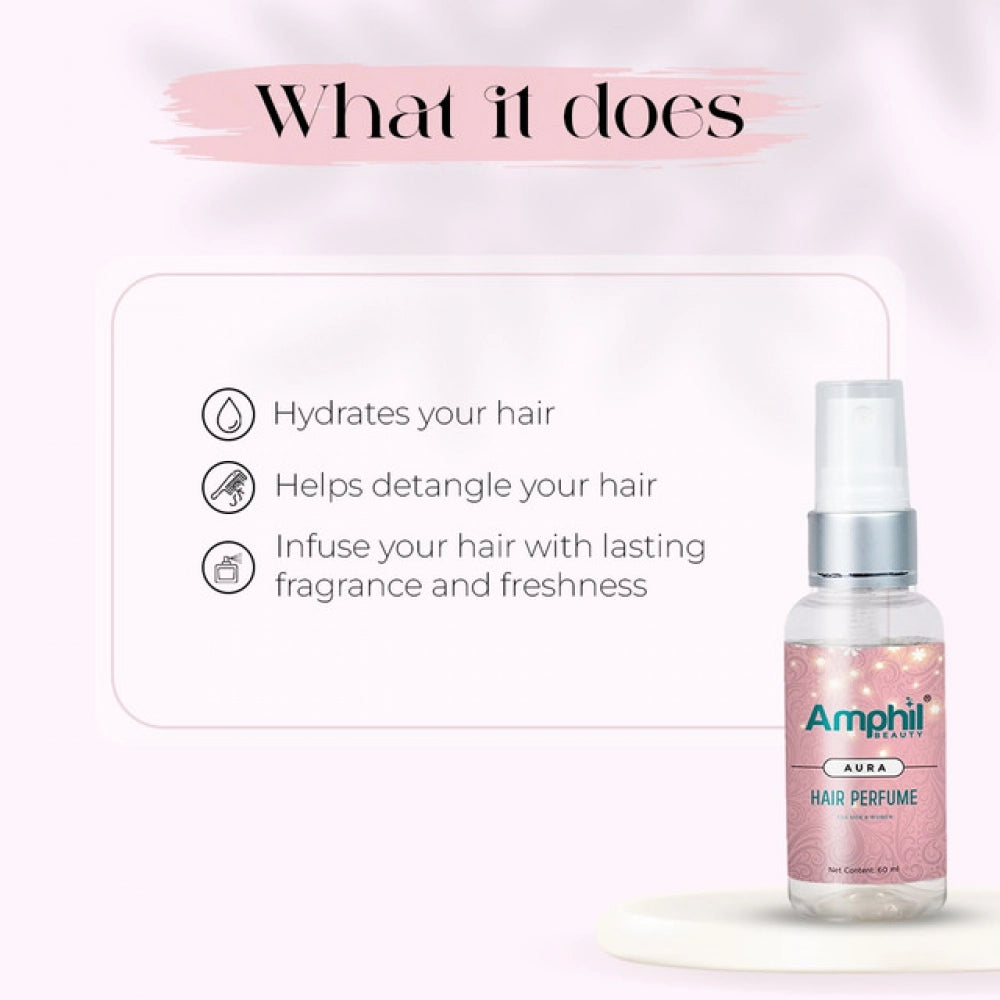 Hair perfume mist spray bottle with Amphi Aura label and clear pump sprayer