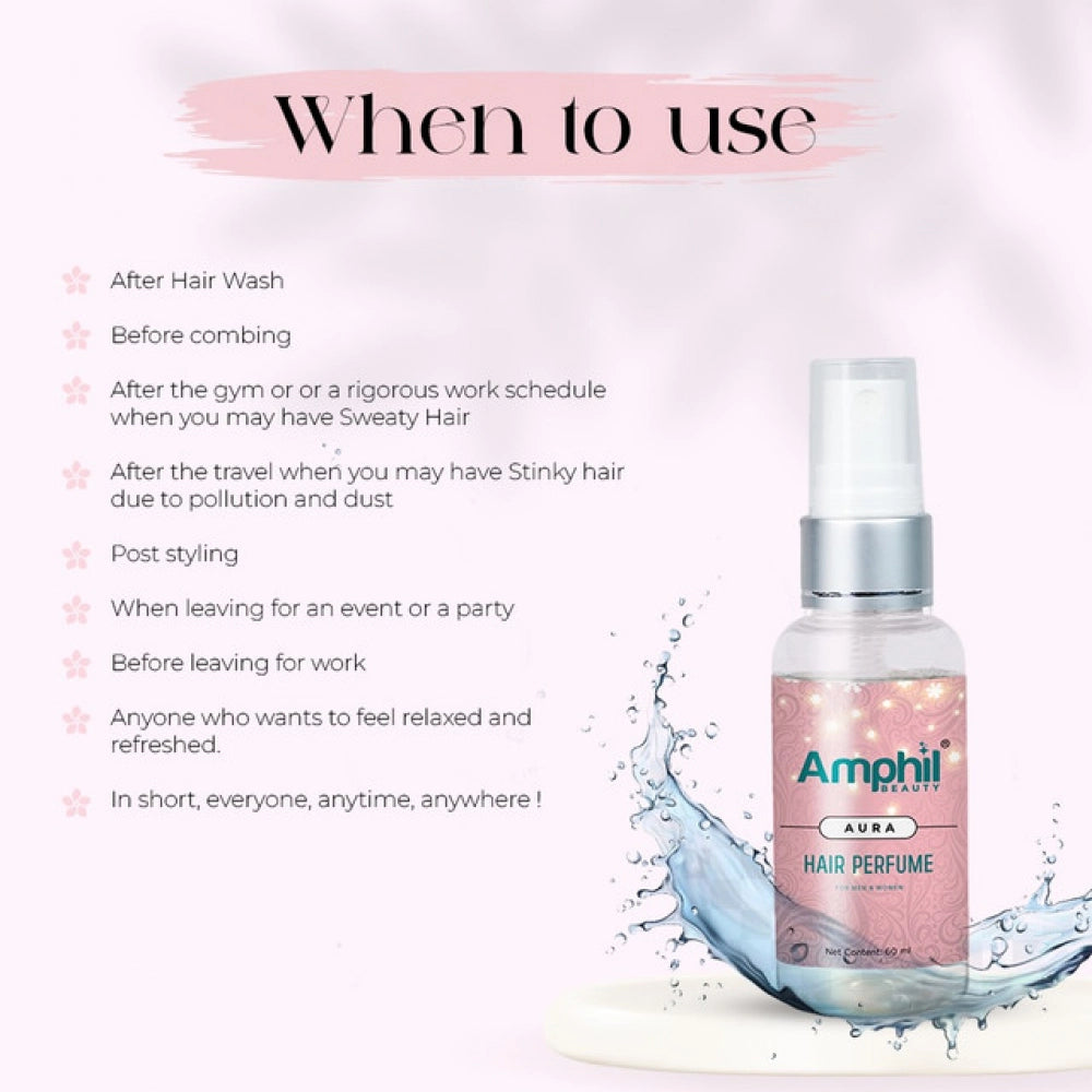 Hair perfume mist spray bottle with Amphi Aura label and silver mist nozzle