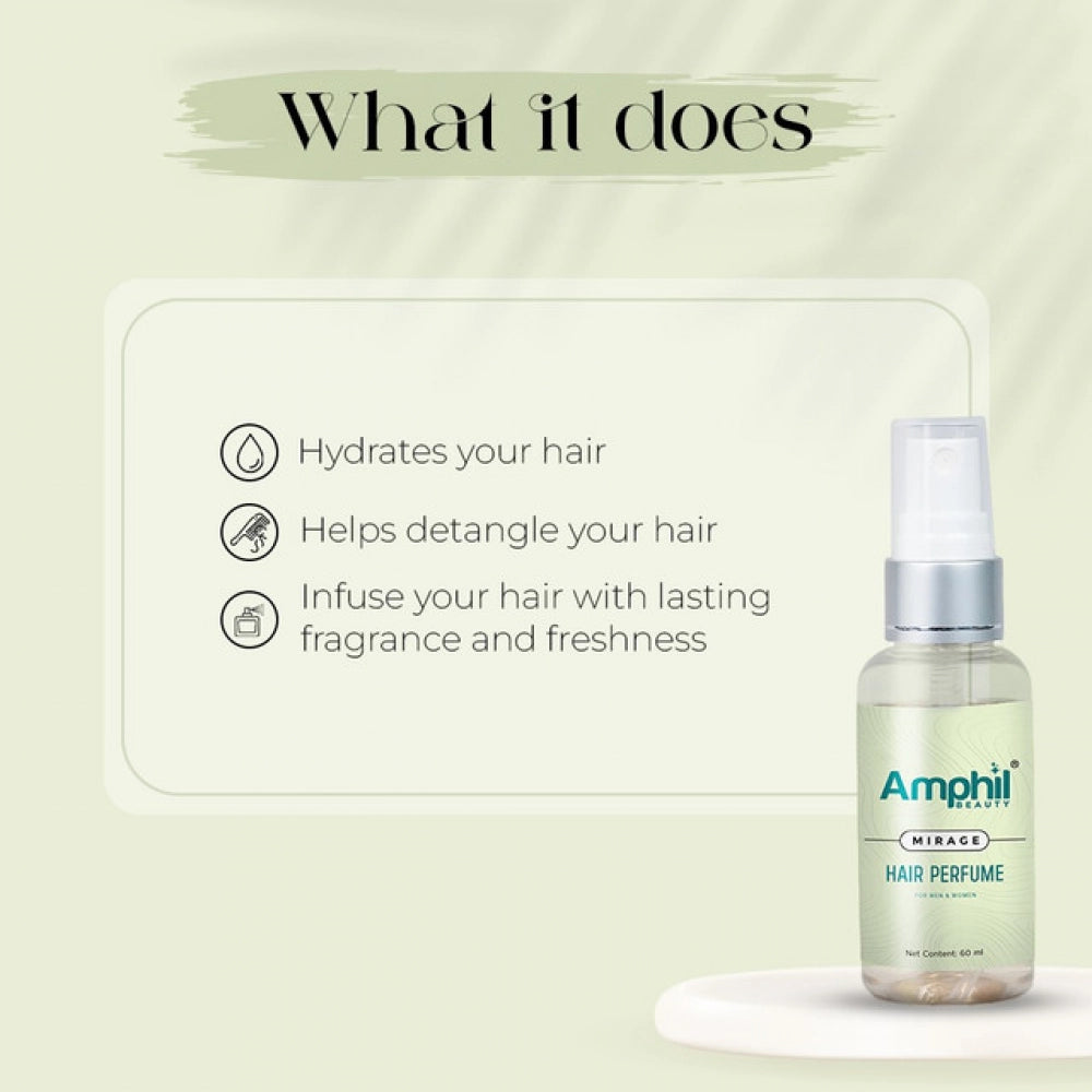Hair perfume mist spray bottle with Amphil Mirage label and clear spray top