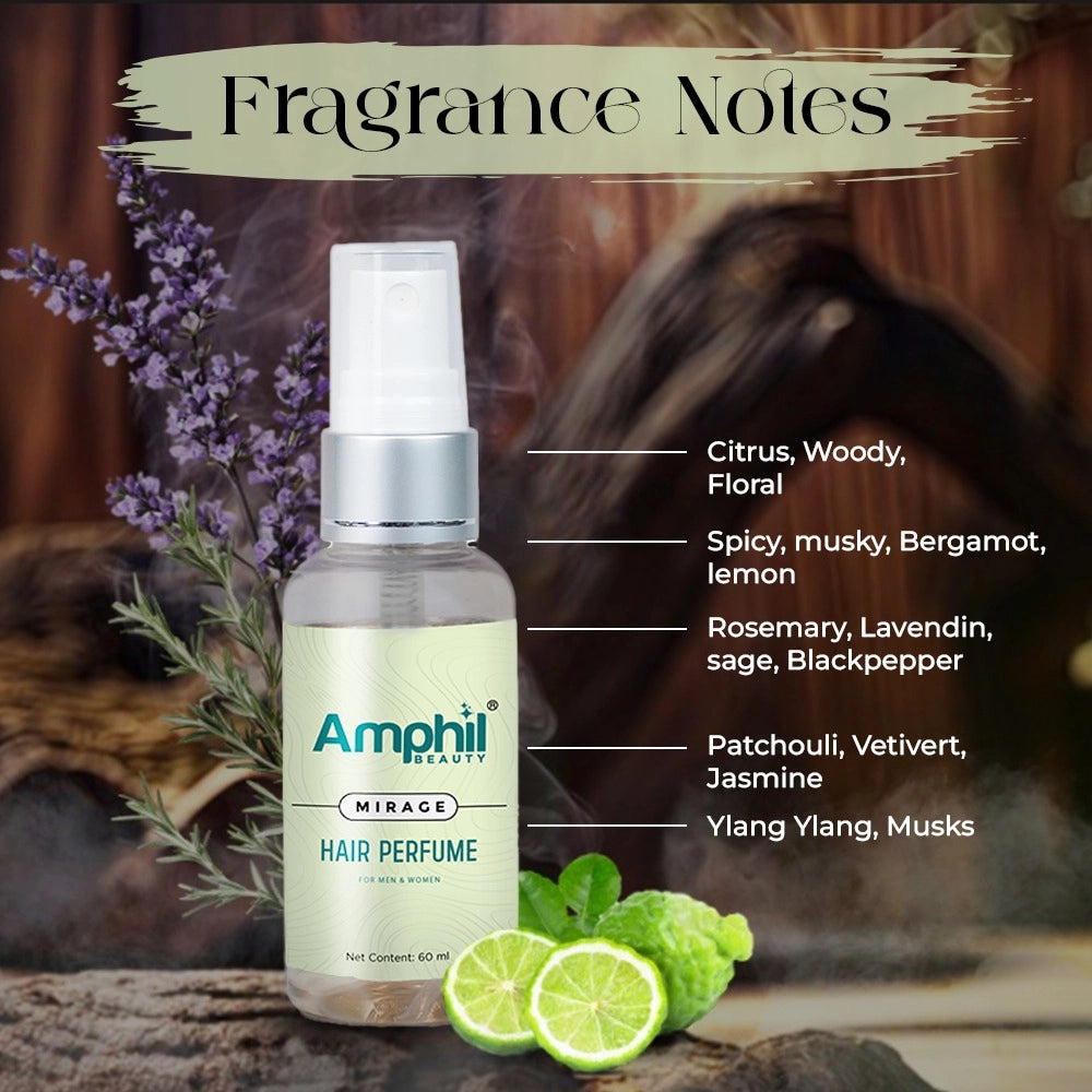 Hair perfume bottle with Amphil Mirage label, with citrus slices nearby
