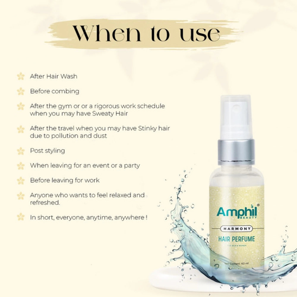 Hair perfume mist spray bottle with golden liquid shown with water splash
