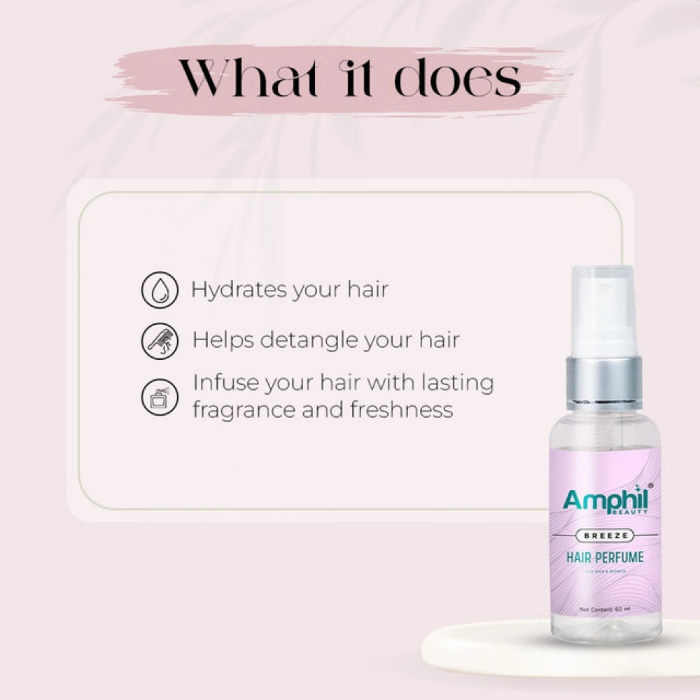 Amphi Breeze hair perfume mist spray bottle with front label and lilac liquid