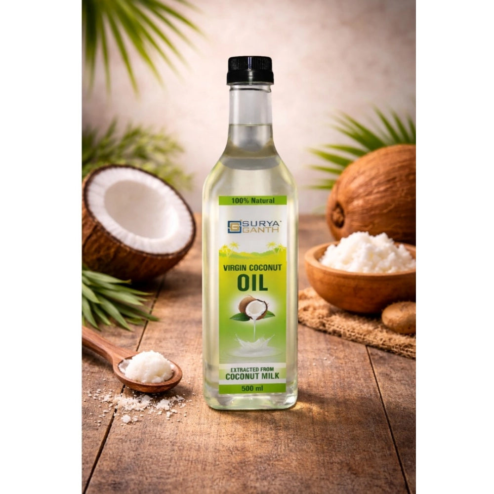 Virgin coconut oil bottle 500 ml with coconuts around