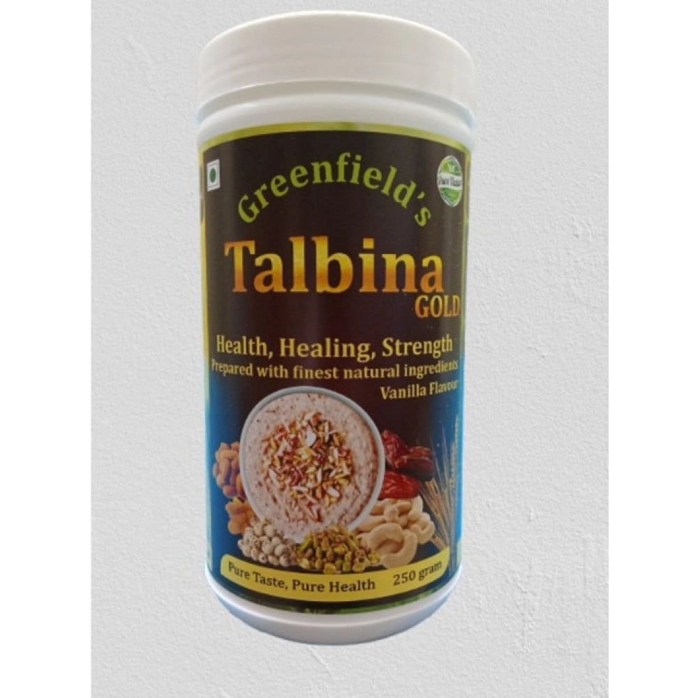Talbina Gold roasted barley with dry fruit 250g jar, front label view