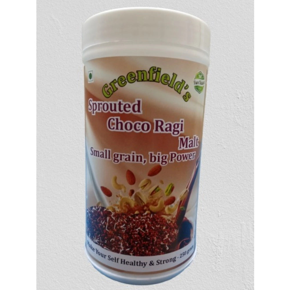 Greenfield's sprouted choco ragi malt powder jar, front label, 250 g