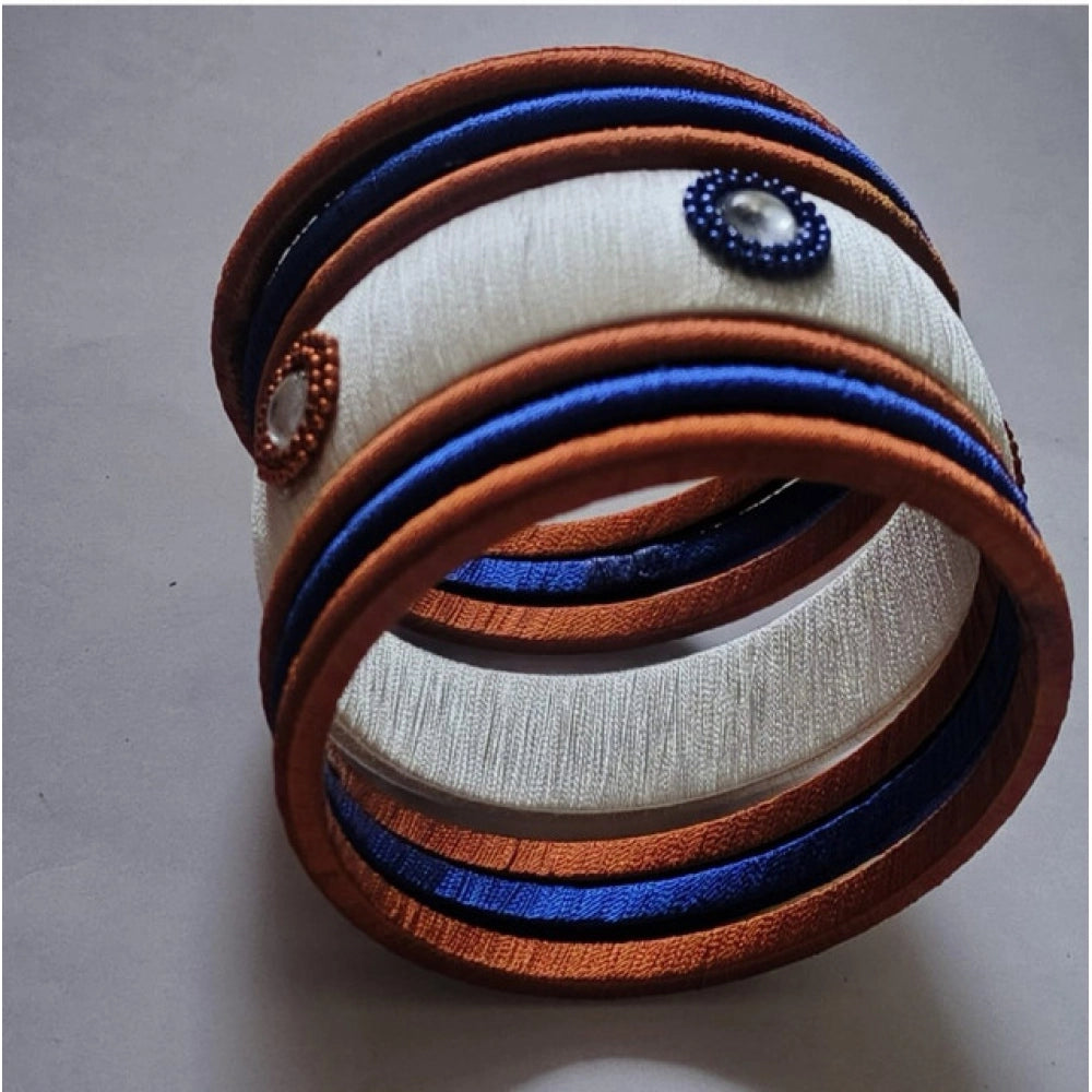 Amfyn Women's Plastic Silk Thread Bangles (White-Brown-Blue, Size: 2.8)