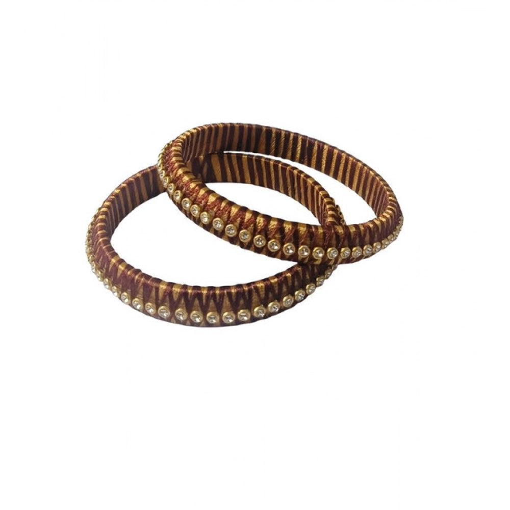 Amfyn Women's Plastic Silk Thread Bangles (Gold-Dark Brown, Size: 2.6)