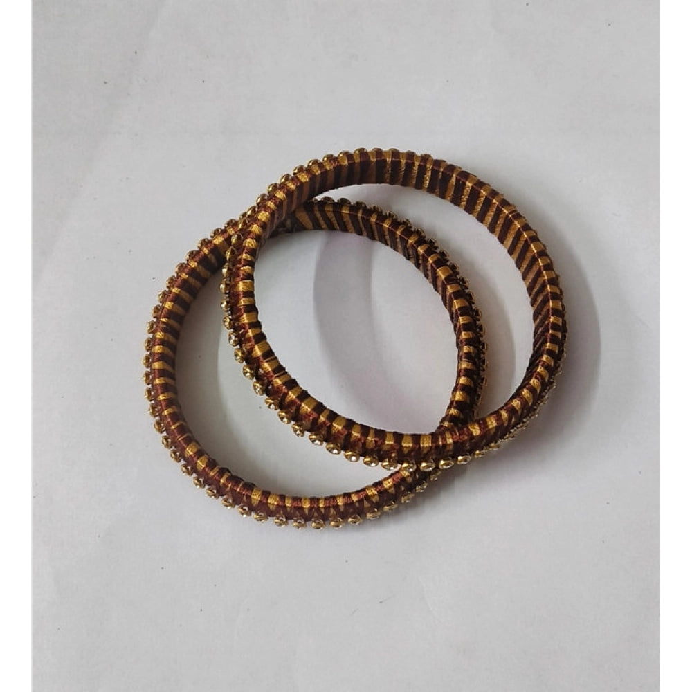 Amfyn Women's Plastic Silk Thread Bangles (Gold-Dark Brown, Size: 2.6)