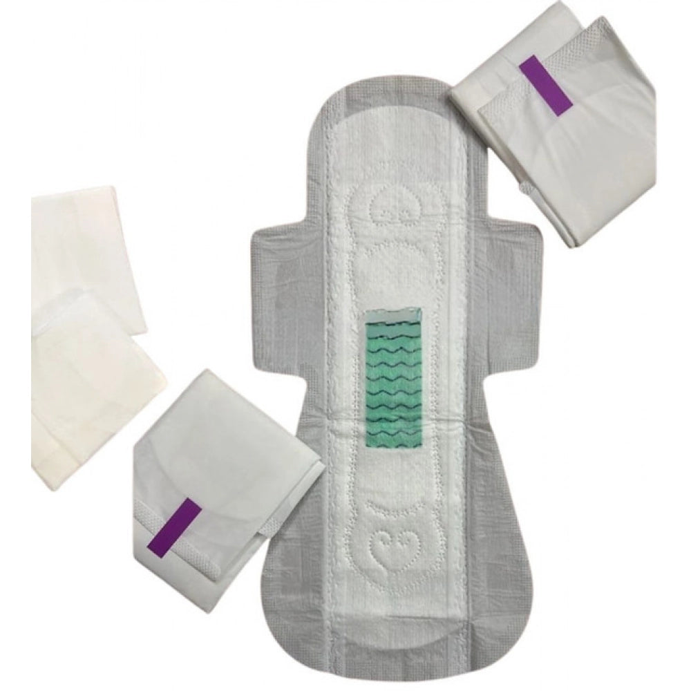 Amfyn Pack of_12 Pcs Cotton Green wave Anion Sanitary Pads with Wings (White)
