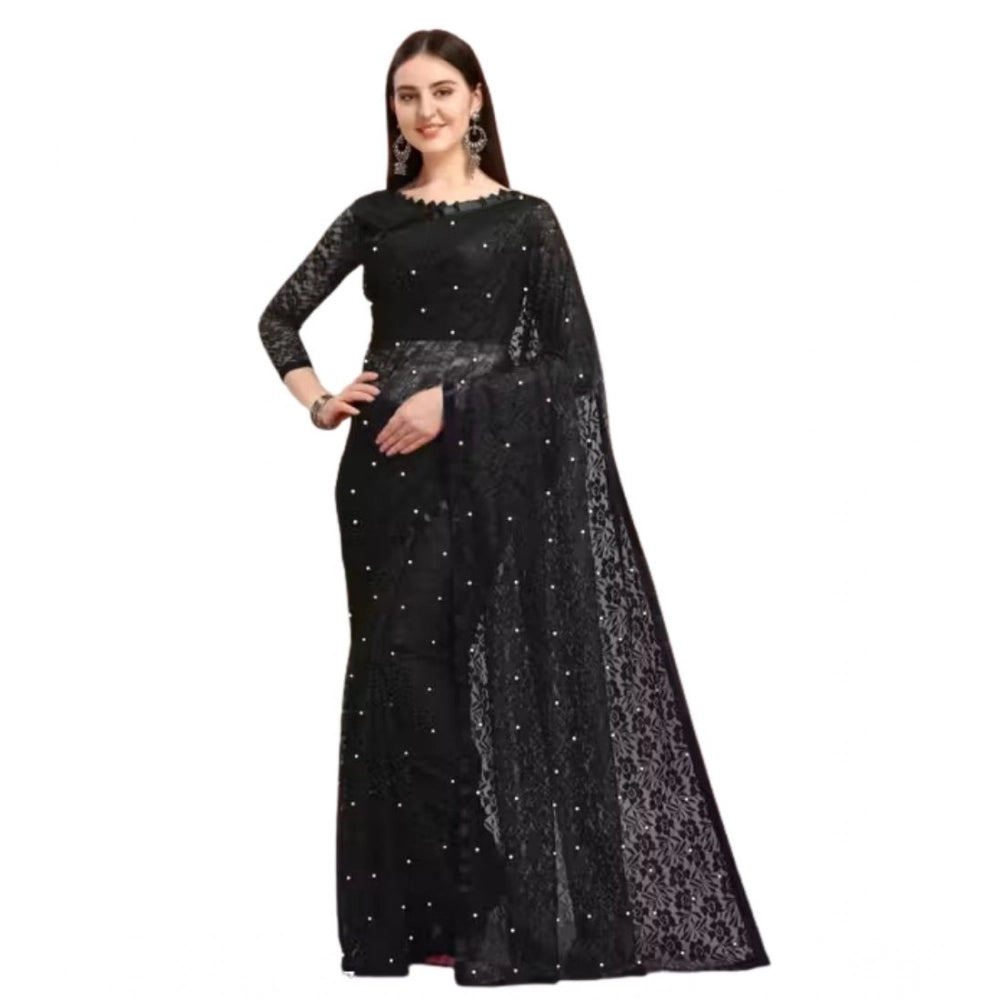 Amfyn Women's Net Self Design Saree With Unstitched Blouse 5.5Mtr (Black)