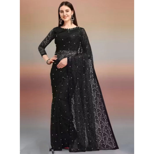 Amfyn Women's Net Self Design Saree With Unstitched Blouse 5.5Mtr (Black)