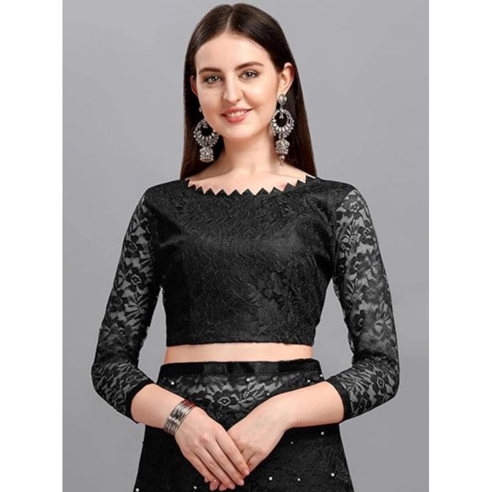 Amfyn Women's Net Self Design Saree With Unstitched Blouse 5.5Mtr (Black)