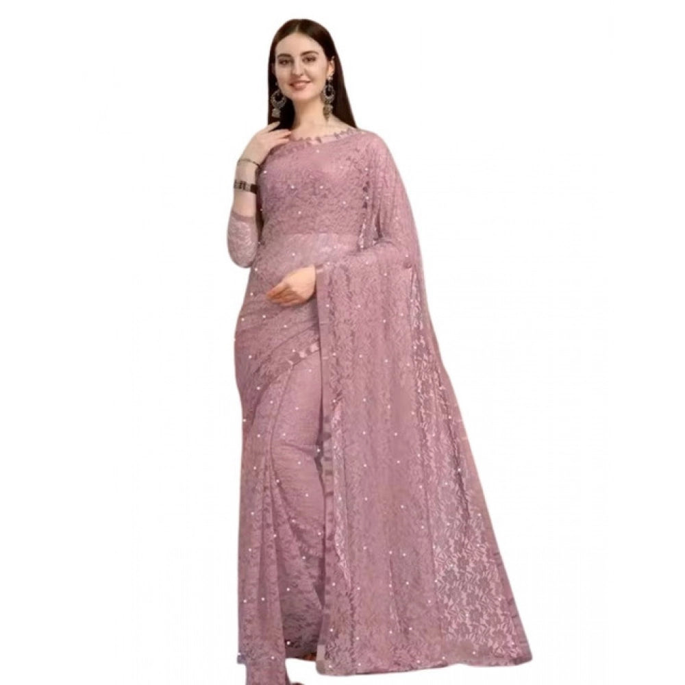 Amfyn Women's Net Self Design Saree With Unstitched Blouse 5.5Mtr (Light Brown)