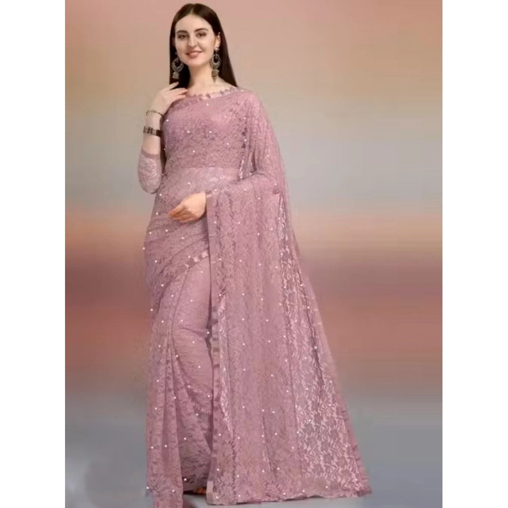 Amfyn Women's Net Self Design Saree With Unstitched Blouse 5.5Mtr (Light Brown)