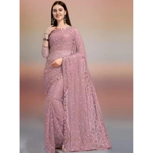 Amfyn Women's Net Self Design Saree With Unstitched Blouse 5.5Mtr (Light Brown)