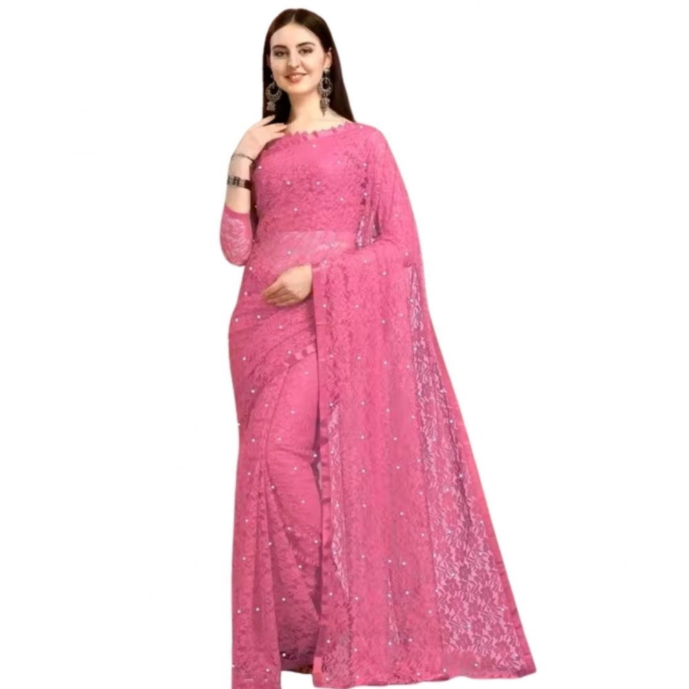 Amfyn Women's Net Self Design Saree With Unstitched Blouse 5.5Mtr (Dark Pink)