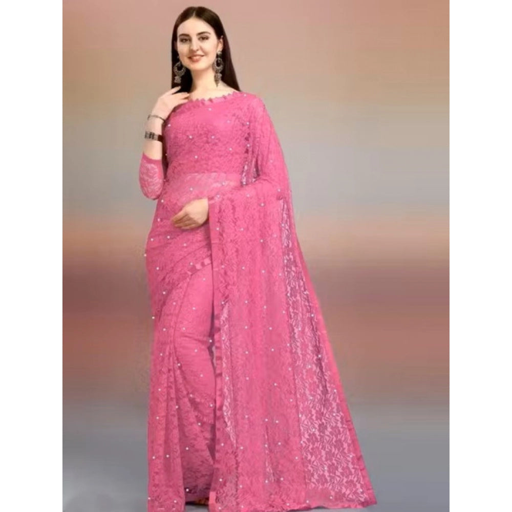 Amfyn Women's Net Self Design Saree With Unstitched Blouse 5.5Mtr (Dark Pink)