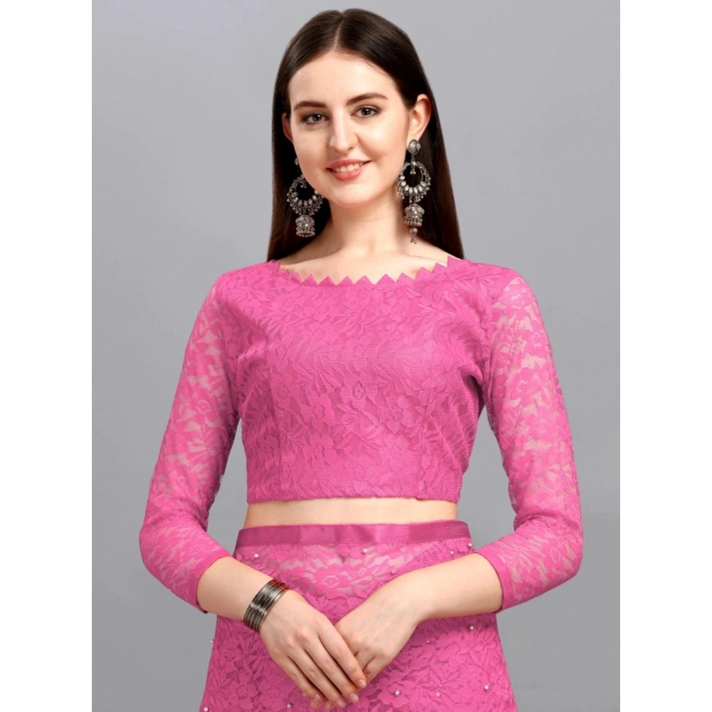 Amfyn Women's Net Self Design Saree With Unstitched Blouse 5.5Mtr (Dark Pink)