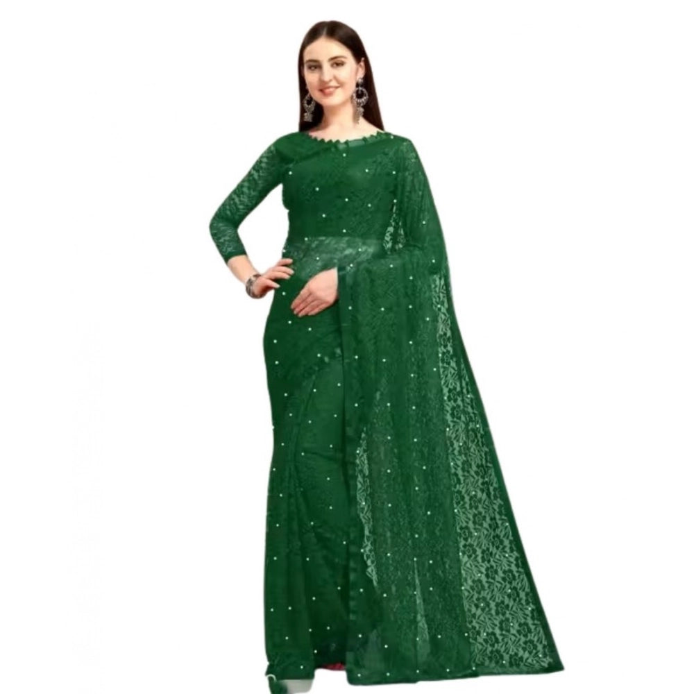 Amfyn Women's Net Self Design Saree With Unstitched Blouse 5.5Mtr (Green)