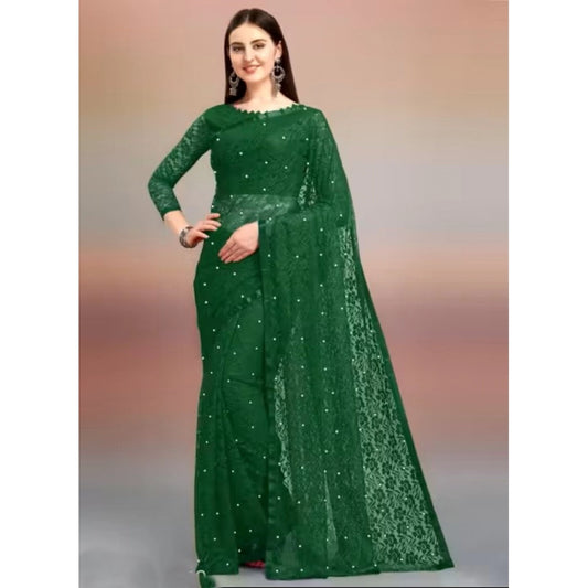 Amfyn Women's Net Self Design Saree With Unstitched Blouse 5.5Mtr (Green)