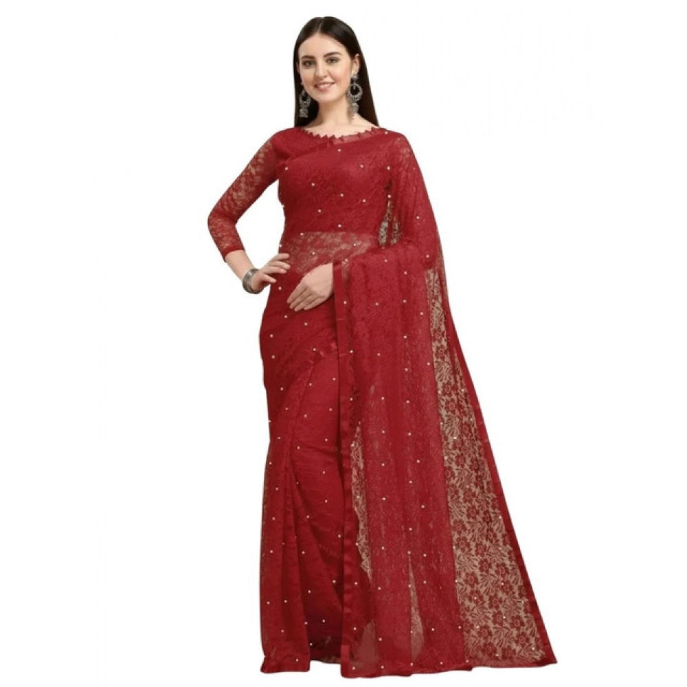 Amfyn Women's Net Self Design Saree With Unstitched Blouse 5.5Mtr (Maroon)