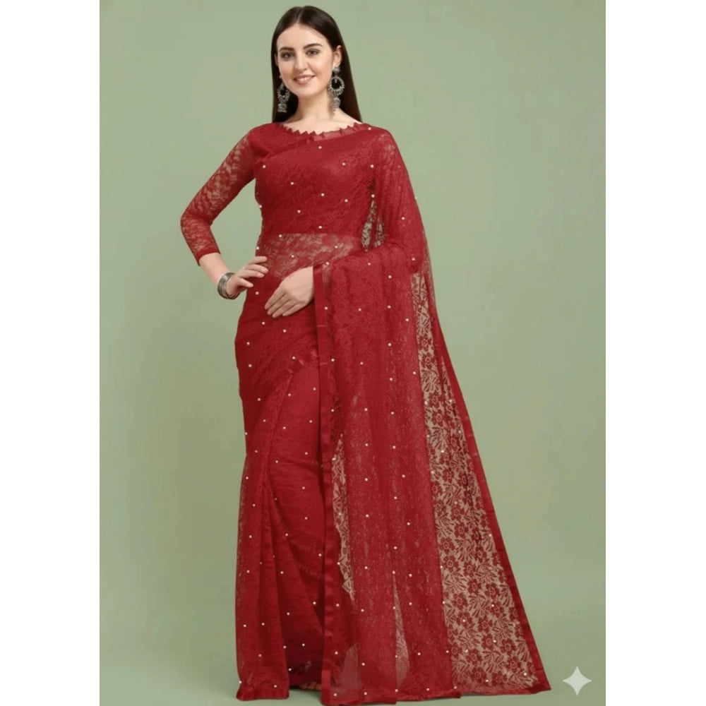 Amfyn Women's Net Self Design Saree With Unstitched Blouse 5.5Mtr (Maroon)