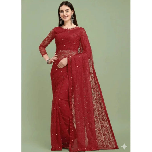 Amfyn Women's Net Self Design Saree With Unstitched Blouse 5.5Mtr (Maroon)