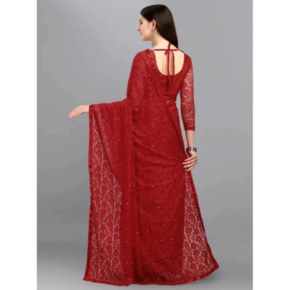 Amfyn Women's Net Self Design Saree With Unstitched Blouse 5.5Mtr (Maroon)