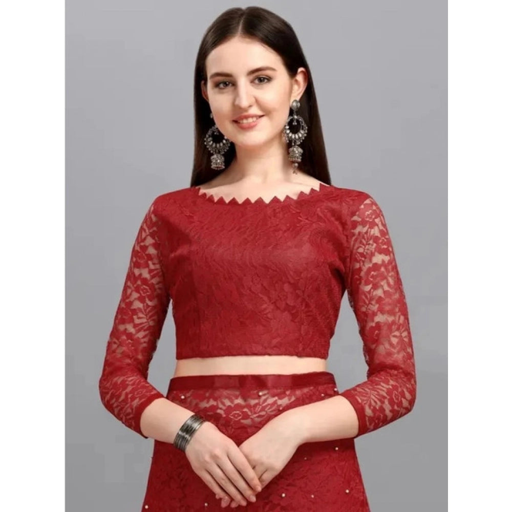 Amfyn Women's Net Self Design Saree With Unstitched Blouse 5.5Mtr (Maroon)