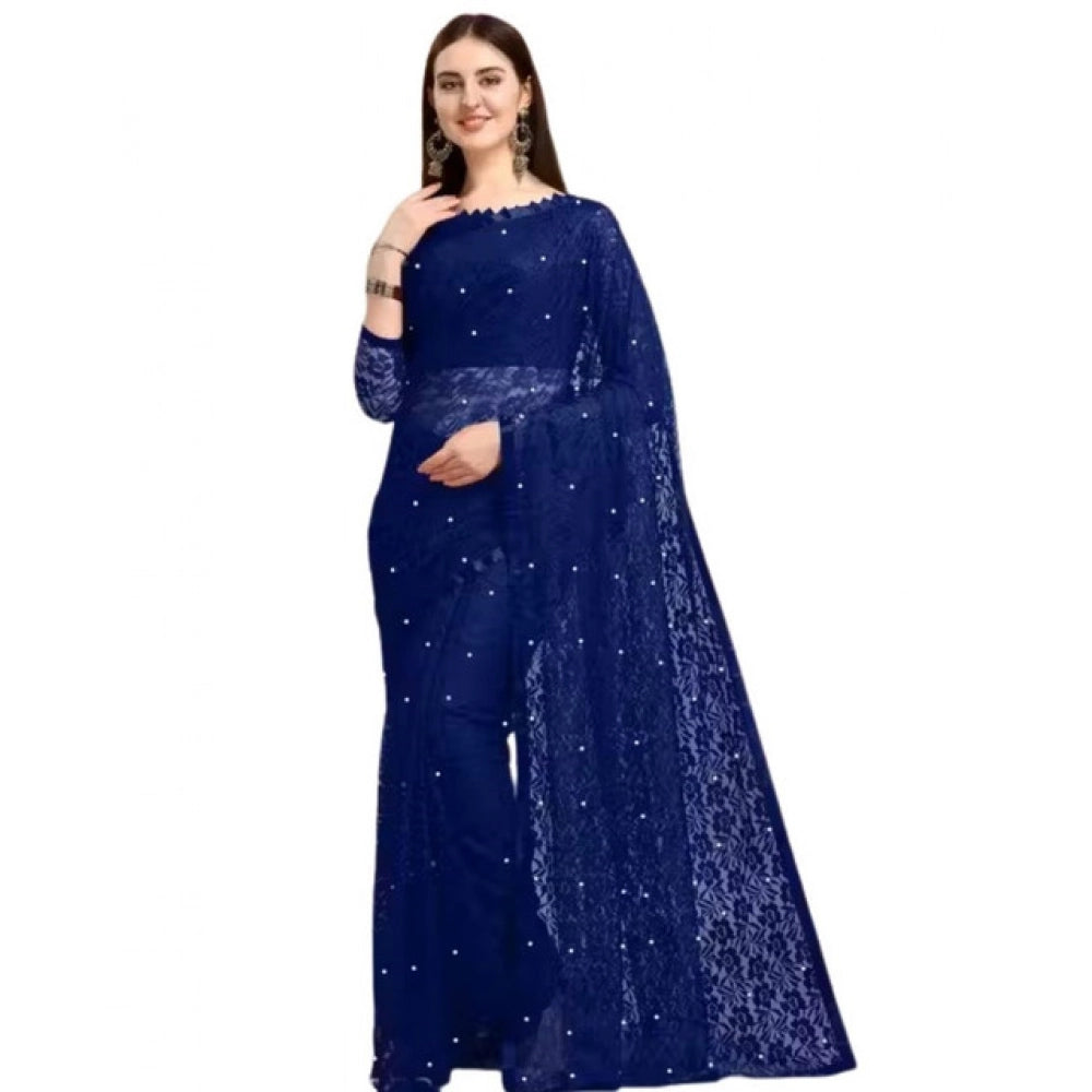 Amfyn Women's Net Self Design Saree With Unstitched Blouse 5.5Mtr (Navy Blue)