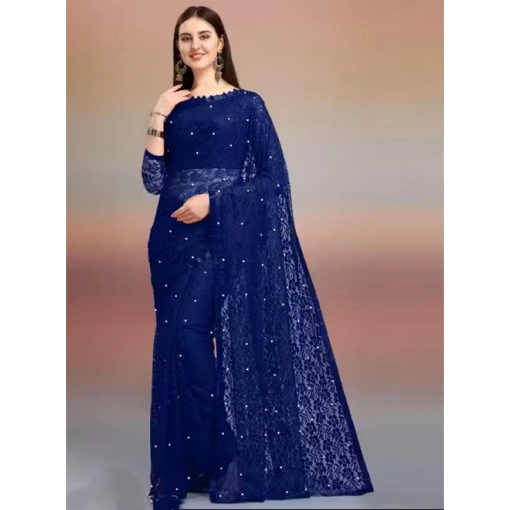 Amfyn Women's Net Self Design Saree With Unstitched Blouse 5.5Mtr (Navy Blue)