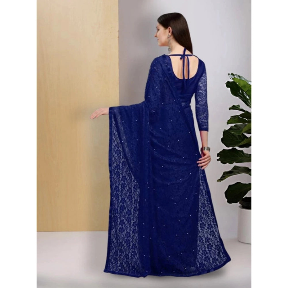Amfyn Women's Net Self Design Saree With Unstitched Blouse 5.5Mtr (Navy Blue)