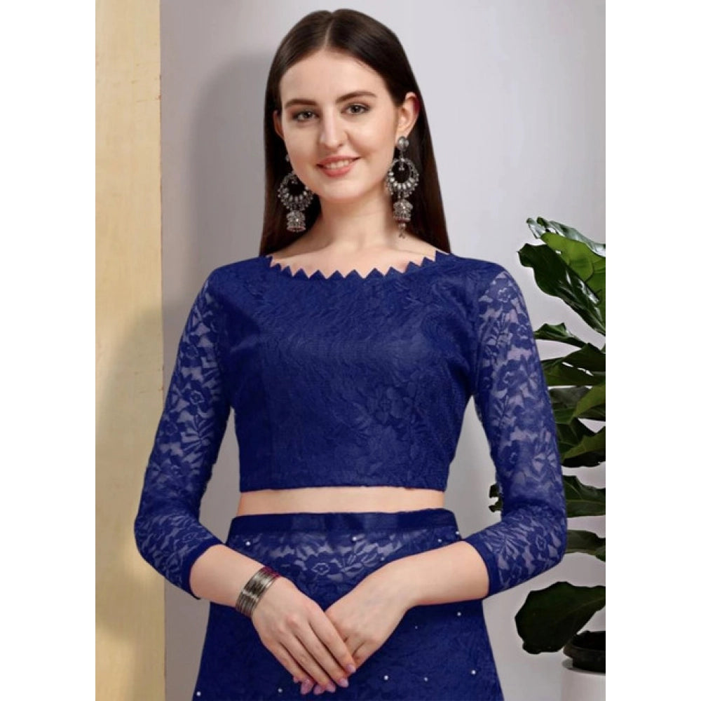 Amfyn Women's Net Self Design Saree With Unstitched Blouse 5.5Mtr (Navy Blue)