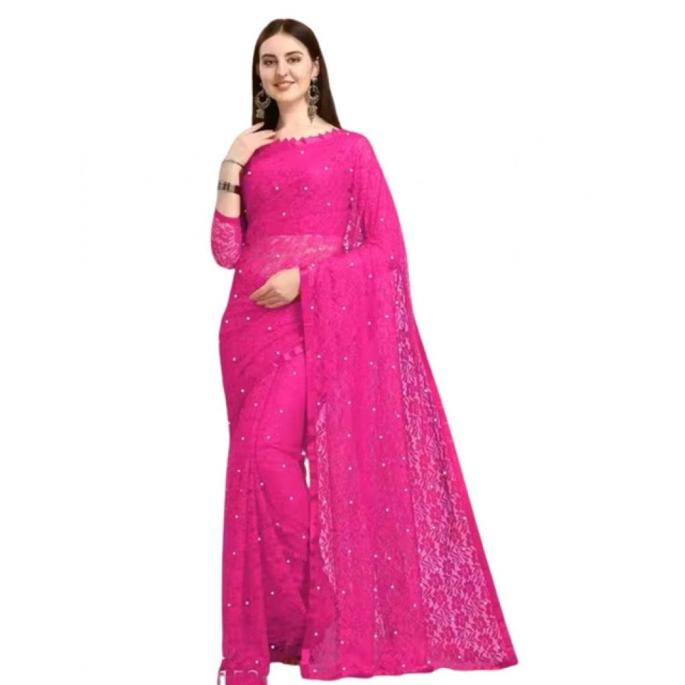 Amfyn Women's Net Self Design Saree With Unstitched Blouse 5.5Mtr (Rani)