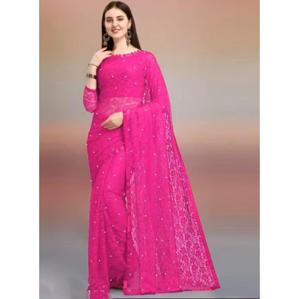 Amfyn Women's Net Self Design Saree With Unstitched Blouse 5.5Mtr (Rani)