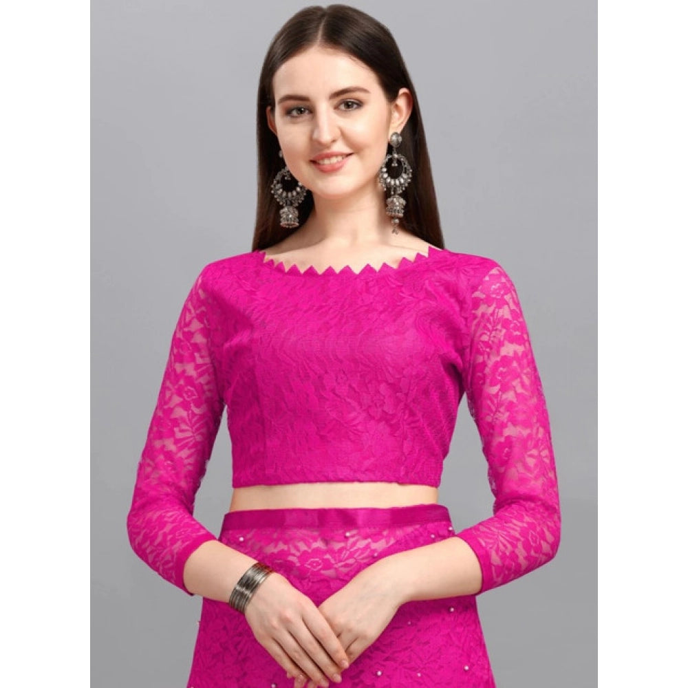Amfyn Women's Net Self Design Saree With Unstitched Blouse 5.5Mtr (Rani)