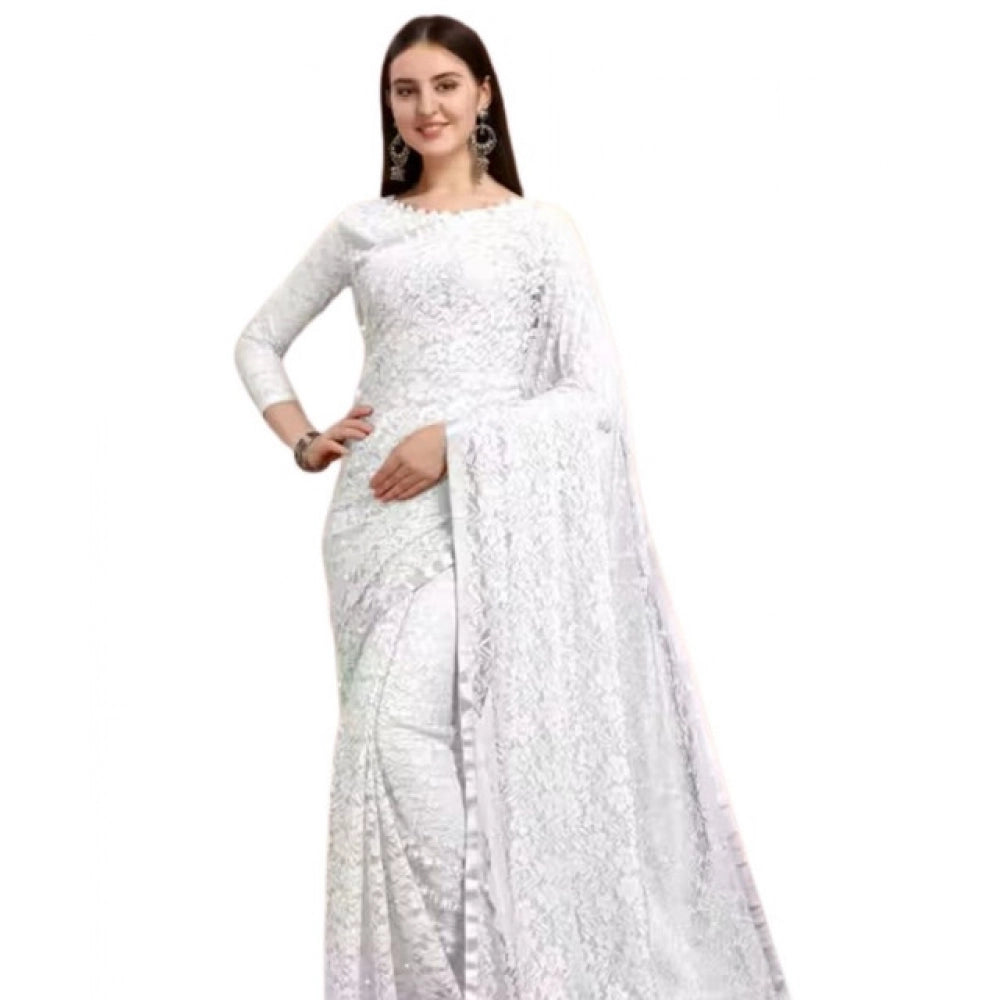 Amfyn Women's Net Self Design Saree With Unstitched Blouse 5.5Mtr (White)