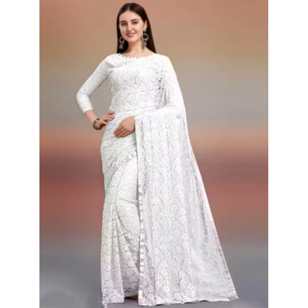 Amfyn Women's Net Self Design Saree With Unstitched Blouse 5.5Mtr (White)