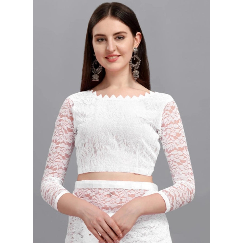 Amfyn Women's Net Self Design Saree With Unstitched Blouse 5.5Mtr (White)