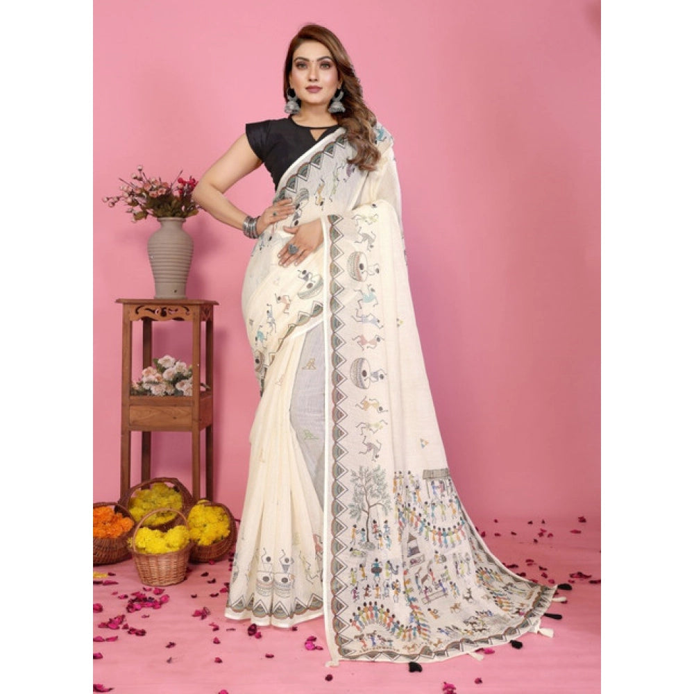 Amfyn Women's Linen Cotton Printed Saree With Unstitched Blouse 5.5Mtr (Off White)