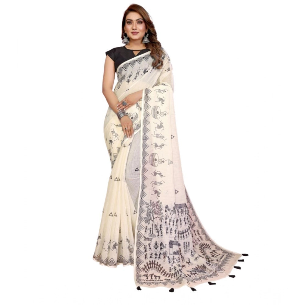 Amfyn Women's Linen Cotton Printed Saree With Unstitched Blouse 5.5Mtr (Off White)