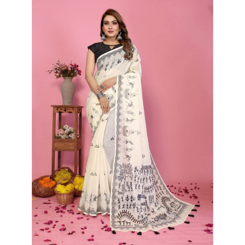 Amfyn Women's Linen Cotton Printed Saree With Unstitched Blouse 5.5Mtr (Off White)
