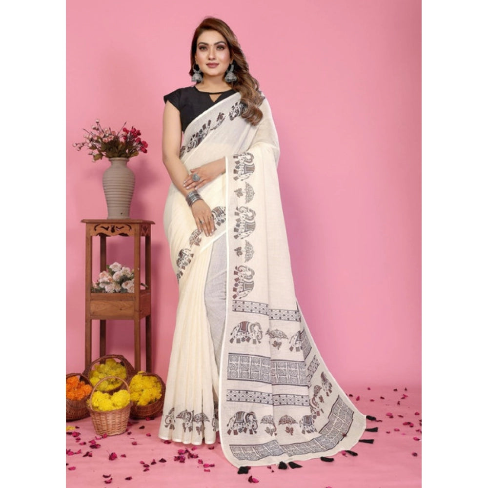Amfyn Women's Linen Cotton Printed Saree With Unstitched Blouse 5.5Mtr (Off White)