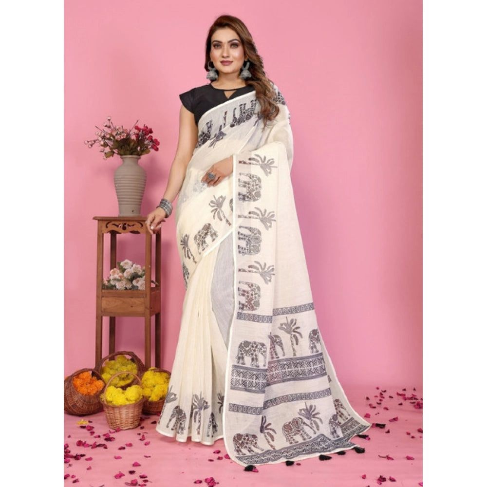 Amfyn Women's Linen Cotton Printed Saree With Unstitched Blouse 5.5Mtr (Off White)